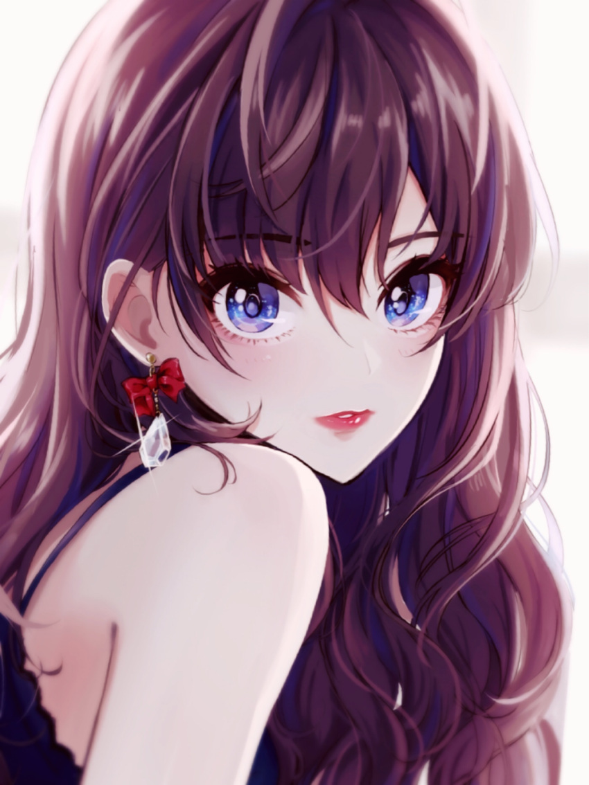 1girl bangs bare_shoulders biting blue_eyes blurry blush bow brown_hair commentary_request crystal_earrings earrings eyebrows_visible_through_hair eyelashes glint hair_between_eyes highres ichinose_shiki idolmaster idolmaster_cinderella_girls jewelry lip_biting lipstick long_hair looking_at_viewer magako makeup parted_lips red_bow red_lips sleeveless solo spaghetti_strap upper_body wavy_hair white_background