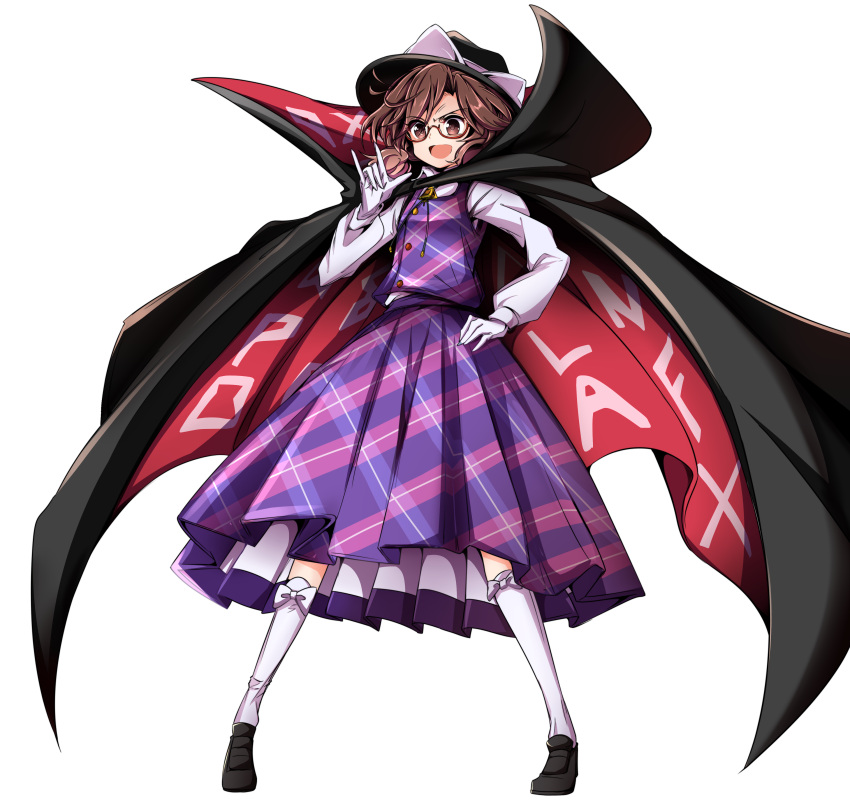1girl absurdres baba_(baba_seimaijo) brown_eyes brown_hair cape clothes_writing dress full_body glasses gloves hat highres long_sleeves purple_dress shirt solo touhou transparent_background usami_sumireko white_gloves