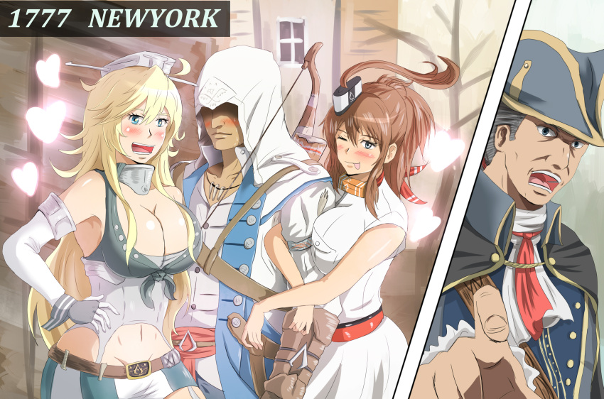 2boys 2girls arm_hug assassin's_creed_(series) assassin's_creed_iii blonde_hair blue_eyes blush bow_(weapon) breasts brown_hair cleavage commentary_request connor_kenway crossover elbow_gloves gloves haytham_kenway heart highres hood iowa_(kantai_collection) kantai_collection large_breasts multiple_boys multiple_girls open_mouth pitcairn_meusel saratoga_(kantai_collection) shaded_face split_screen sweat sweating_profusely teeth tongue tongue_out weapon