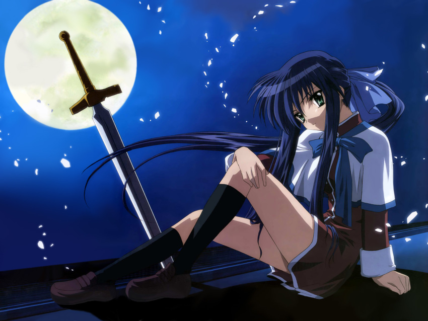 1girl blue_hair full_moon highres kanon kawasumi_mai moon school_uniform serafuku sky solo sword weapon