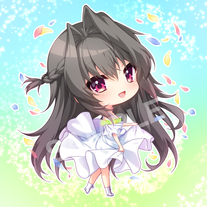 1girl 9_-nine-_kokonotsu_kokonoka_kokonoiro amatsuji bangs black_hair braid chibi clothes_lift dress dress_lift eyelashes falling_leaves flower flower_wreath fringe_trim gradient gradient_background green_flower green_rose hair_between_eyes hair_intakes highres leaf long_hair looking_at_viewer open_mouth raised_eyebrows red_eyes rose sample_watermark side_braid sidelocks sleeveless sleeveless_dress smile solo sparkle very_long_hair white_dress white_footwear yuuki_noa