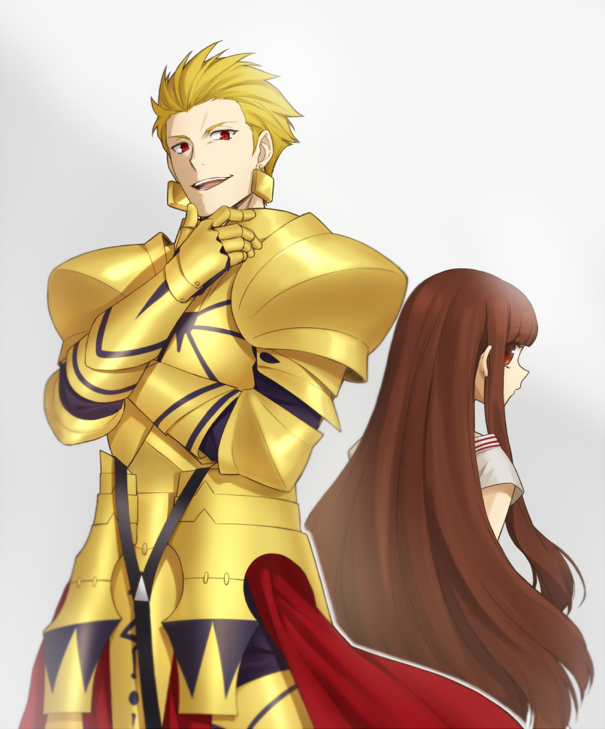 1boy 1girl armor blonde_eyebrows blonde_hair brown_eyes brown_hair dress earrings eyebrows eyebrows_visible_through_hair eyes face fate/extella fate/extra fate_(series) from_behind gilgamesh gold_armor gold_earrings gold_pauldrons hair hand_on_chin hand_on_own_chin hands highres jewelry kishinami_hakuno_(female) long_hair looking_at_viewer looking_back lower_teeth nagiko_(mangalove1111) open_eyes open_mouth pauldrons red_eyes red_waist_cape smile spiked_hair teeth upper_teeth waist_cape white_dress