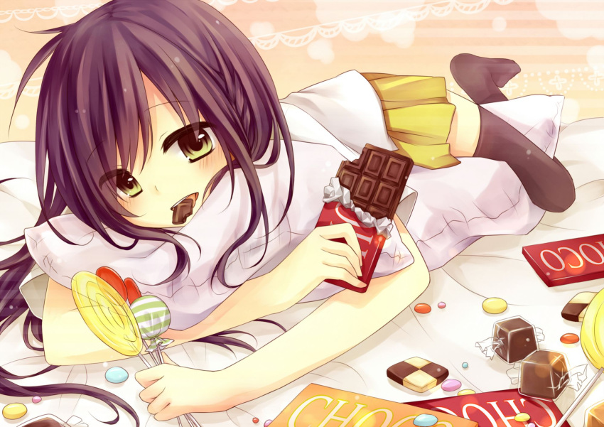 1girl bed biting candy long_hair lying_down pillow purple_hair skirt solo tagme thigh_highs wallpaper yellow_eyes
