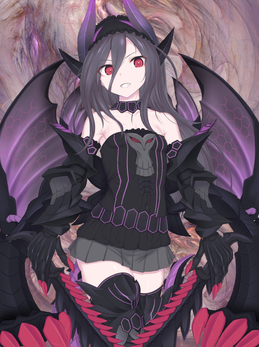 1girl bare_shoulders black_hair black_legwear choker claws commentary_request dragon_girl dragon_horns dragon_wings dual_wielding gauntlets highres holding holding_sword holding_weapon horns long_hair looking_at_viewer maid_headdress makabe_gorou original pleated_skirt red_eyes skirt small_breasts smile solo sword thigh-highs weapon wings