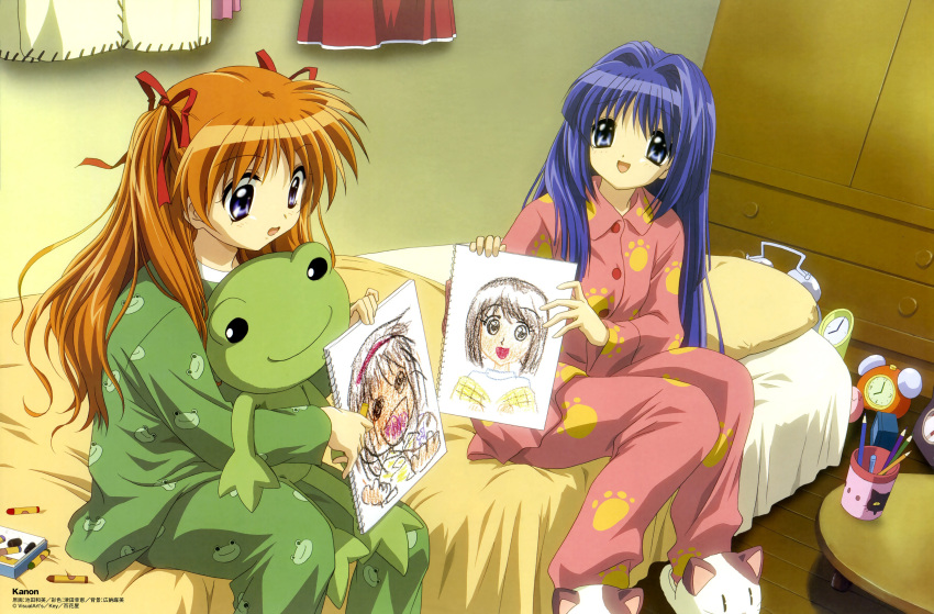 2girls absurdres animal_slippers bed blue_hair comp_h's drawing frog_print highres ikeda_kazumi kanon keropi keropii minase_nayuki multiple_girls official_art pajamas paw_print print_pajamas redhead sawatari_makoto slippers stuffed_animal stuffed_frog stuffed_toy