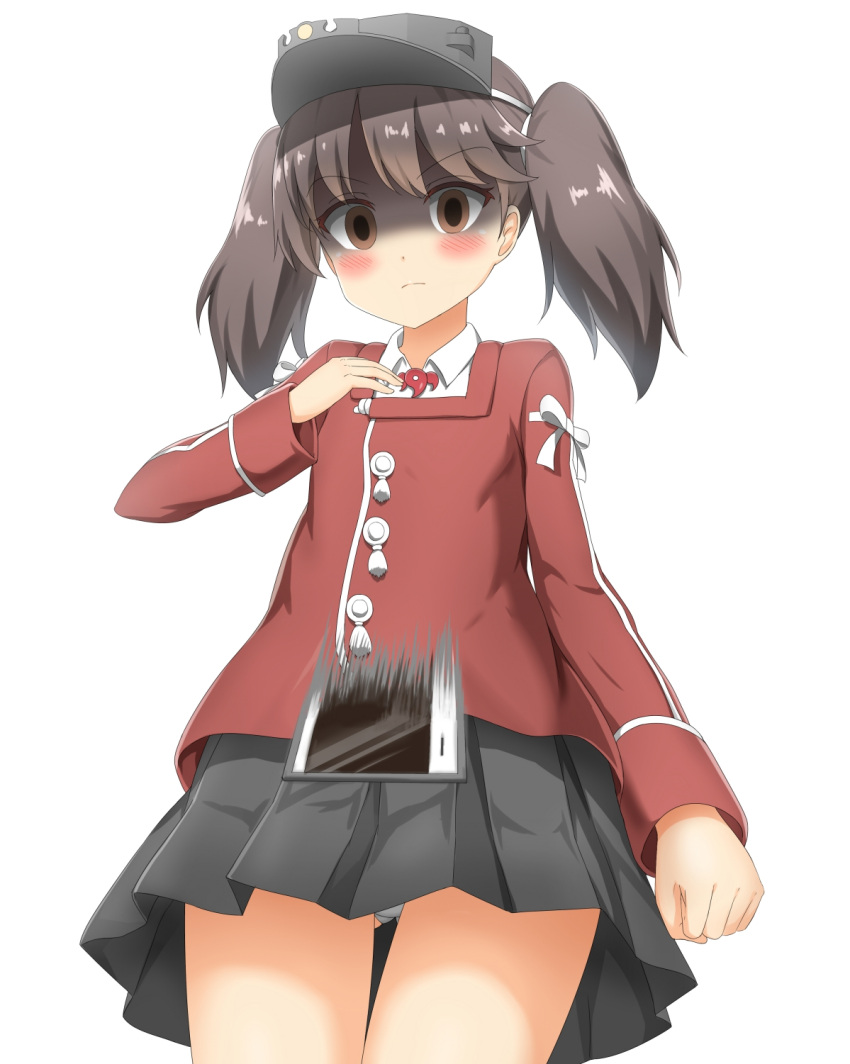 1girl blush brown_eyes brown_hair cellphone clenched_hand eyebrows eyebrows_visible_through_hair falling flat_chest from_below frown gloom_(expression) highres japanese_clothes kantai_collection kariginu long_sleeves nedia_r object_on_breast panties pantyshot pantyshot_(standing) phone pleated_skirt ryuujou_(kantai_collection) simple_background skirt smartphone solo standing tawawa_challenge twintails underwear visor_cap white_background white_panties