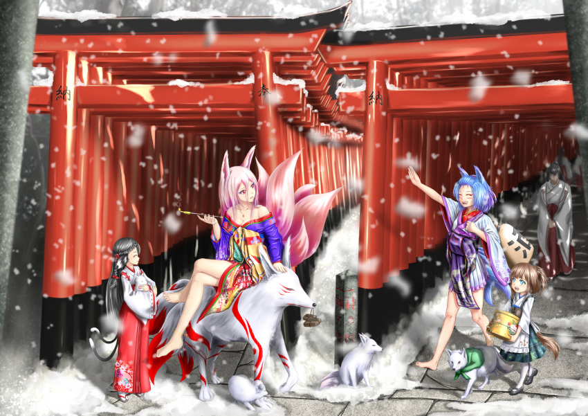 5girls absurdres alcohol animal_ears anklet bare_legs barefoot bell black_hair blue_hair breasts feathers fox fox_ears fox_tail hair_ornament hakama happy headband highres japanese_clothes jewelry jug kimono long_hair maid miko multicolored_hair multiple_girls original parsue pink_hair running sake sandals scenery short_kimono shrine smile snow snowing tabi tail torii