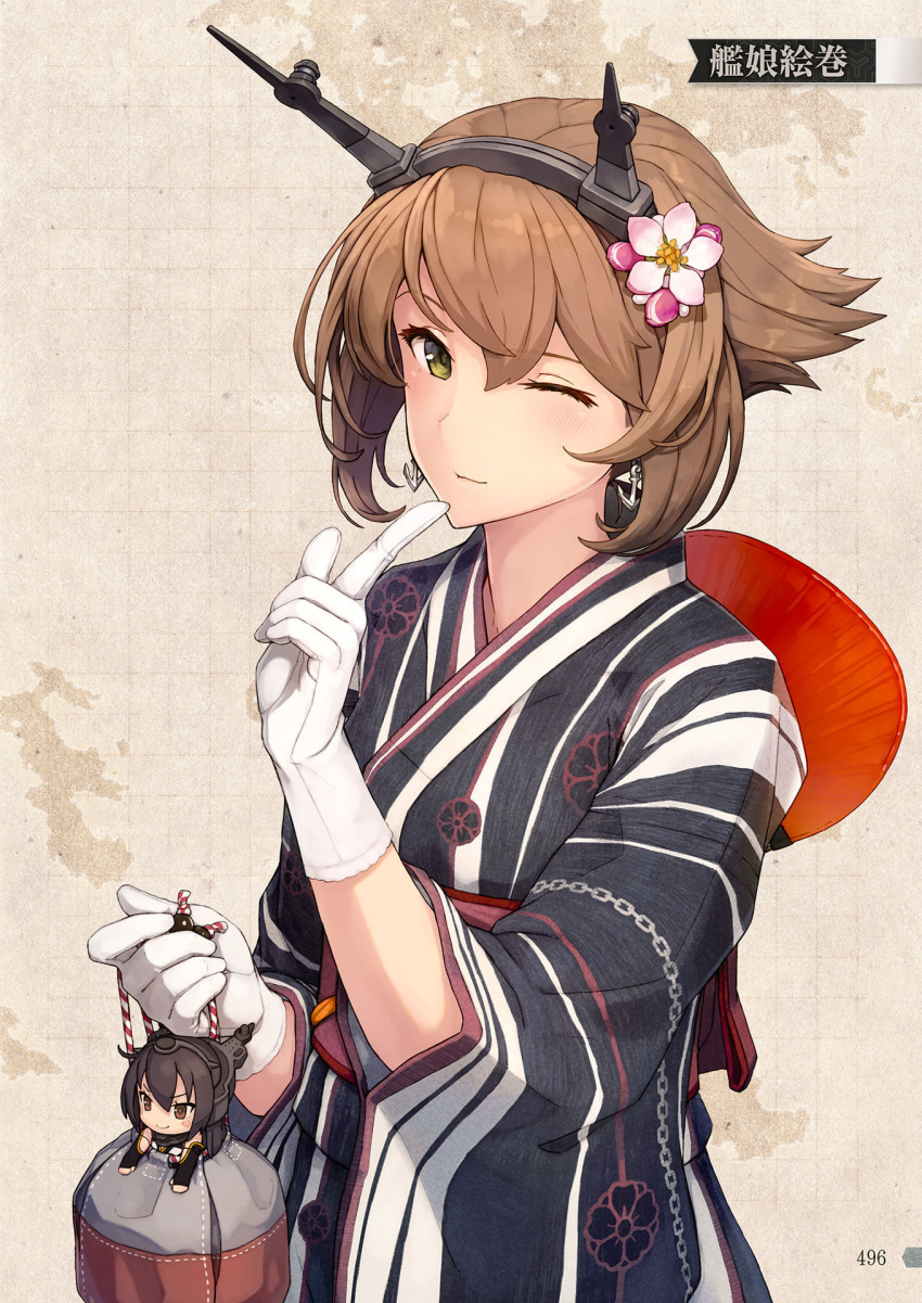 1girl alternate_costume anchor black_hair brown_hair character_doll earrings elbow_gloves eyebrows_visible_through_hair fan floral_print flower gloves green_eyes hair_between_eyes hair_flower hair_ornament headgear highres index_finger_raised japanese_clothes jewelry kantai_collection kimono long_hair looking_at_viewer map map_background mutsu_(kantai_collection) nagato_(kantai_collection) obi official_art one_eye_closed paper_fan sash scan shizuma_yoshinori short_hair solo striped striped_kimono translated white_gloves wide_sleeves yukata