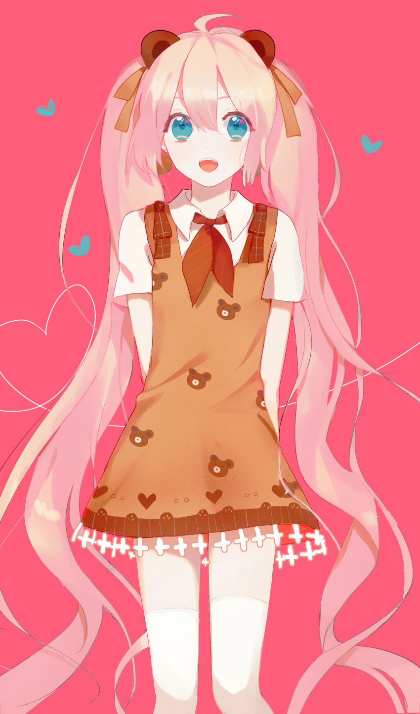 1girl :d absurdres animal_ears animal_print bear_ears bear_print blue_eyes collared_dress dress earrings hair_ribbon highres jewelry long_hair looking_at_viewer me_(1005646017) necktie open_mouth original pink_background pink_hair ribbon simple_background smile solo thigh-highs twintails very_long_hair white_legwear