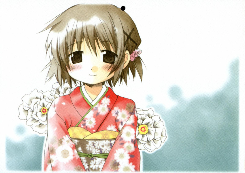 1girl aoki_ume blush flower hidamari_sketch highres japanese_clothes kimono official_art smile solo yuno