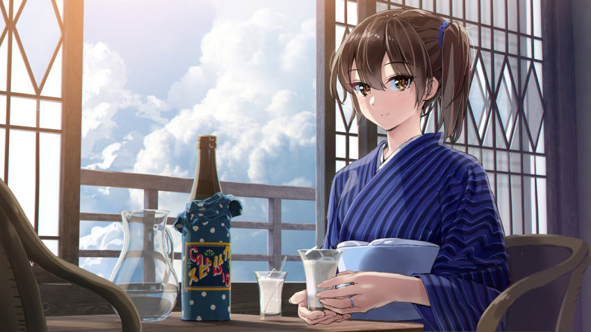 1girl alcohol brown_eyes brown_hair clouds cloudy_sky cup drinking_glass japanese_clothes jewelry kaga_(kantai_collection) kantai_collection obi ring sake sash short_hair side_ponytail sky smile solo wedding_band yahako