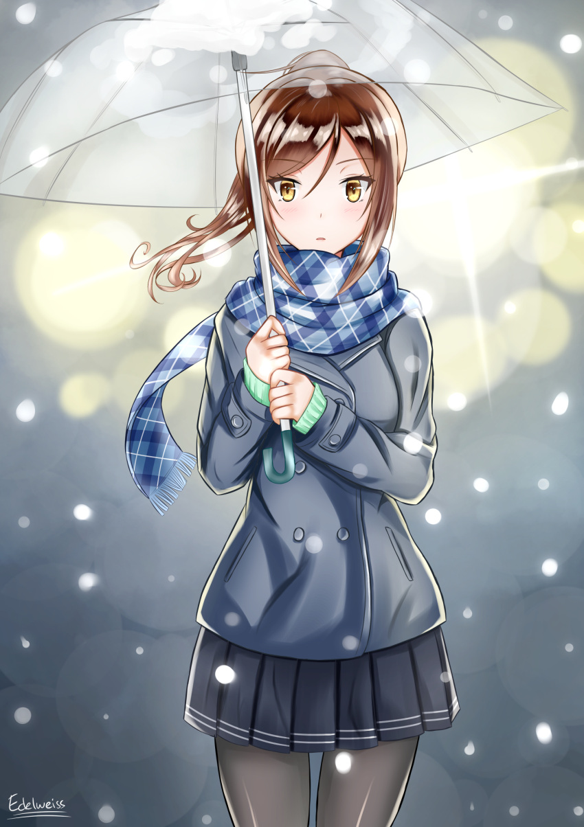 1girl artist_name blue_background blue_scarf blurry brown_hair coat depth_of_field expressionless gradient gradient_background green_sweater grey_legwear highres light_blush looking_at_viewer lyte original pantyhose plaid plaid_scarf pleated_skirt ponytail scarf short_hair skirt snowing solo transparent_umbrella umbrella wind winter_clothes winter_coat yellow_eyes