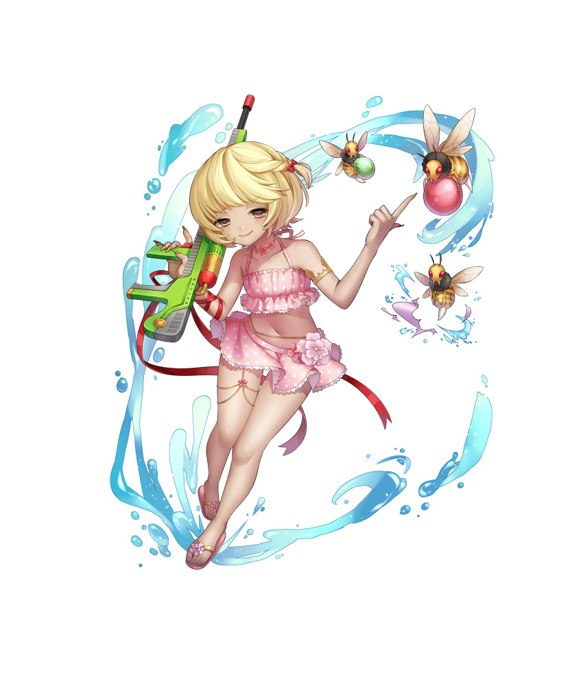 1girl absurdres bee bikini blonde_hair full_body gun highres holding holding_gun holding_weapon jewelry navel necklace official_art one_side_up pink_bikini polka_dot polka_dot_bikini sandals short_hair smile solo swimsuit thousand_memories torika_(thousand_memories) transparent_background water water_gun weapon yellow_eyes