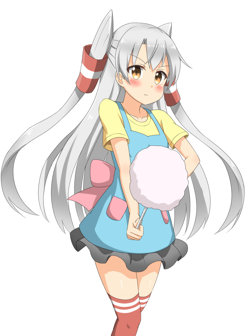 &gt;:( 1girl absurdres alternate_costume amatsukaze_(kantai_collection) blush brown_eyes casual collarbone cotton_candy hair_tubes highres holding kantai_collection long_hair looking_at_viewer nedia_r pleated_skirt red_legwear silver_hair simple_background skirt solo thigh-highs two_side_up white_background zettai_ryouiki