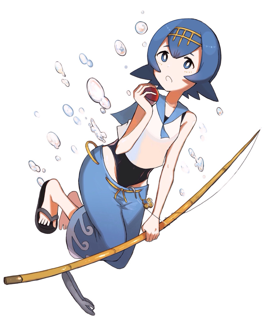 1girl baggy_pants bare_shoulders barefoot blue_eyes blue_hair capri_pants fishing_rod hair_ornament highres pants poke_ball pokemon pokemon_(game) pokemon_sm sandals shiba_inu_(happy13227) single_sandal suiren_(pokemon) swimsuit water