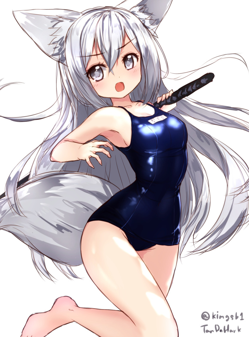 1girl animal_ears blue_swimsuit fox_ears fox_tail highres korean long_hair looking_back name_tag open_mouth original school_swimsuit silver_hair swimsuit sword tail tandozzing very_long_hair weapon white_eyes