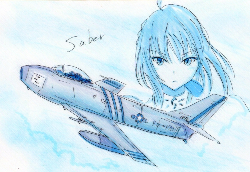 1girl ahoge aircraft airplane braid character_name f-86_sabre fate_(series) fighter_jet flying jet military military_vehicle monochrome pilot potekite pun saber traditional_media