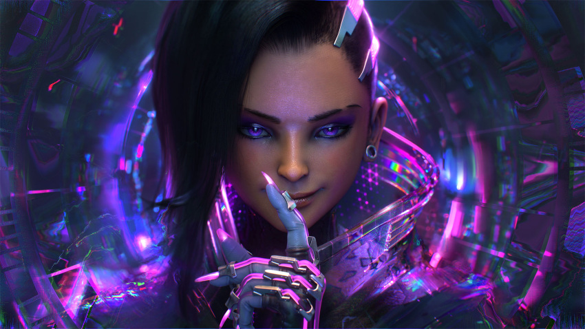 1girl 3d asymmetrical_hair black_gloves black_hair claws closed_mouth coat dark_skin earrings eyelashes eyeliner eyeshadow face finger_to_mouth fingerless_gloves gloves hand_up high_collar highres jewelry lips long_hair looking_at_viewer makeup multicolored_hair nose overwatch purple_hair realistic shushing smile solo sombra_(overwatch) stud_earrings two-tone_hair undercut violet_eyes wen_jr