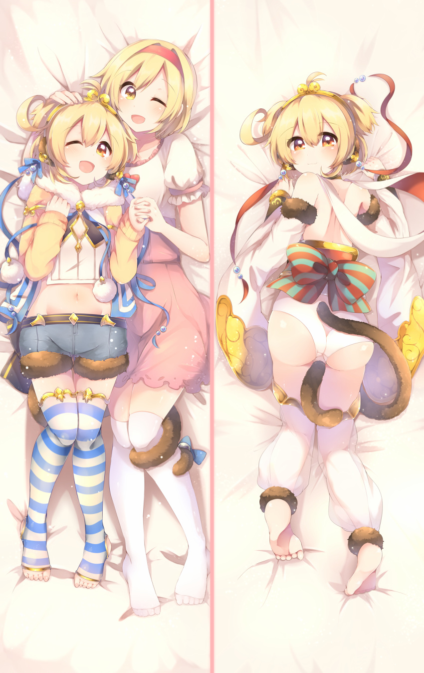 2girls ;d anchira_(granblue_fantasy) ass bare_shoulders barefoot bed blonde_hair blush breasts brown_eyes dakimakura detached_sleeves djeeta_(granblue_fantasy) dress erun_(granblue_fantasy) from_above from_behind fur_trim granblue_fantasy hairband hand_on_another's_head highres kaenuco looking_at_viewer looking_back looking_up lying midriff monkey_ears monkey_tail multiple_girls navel no_shoes on_back on_stomach one_eye_closed open_mouth pink_dress puffy_short_sleeves puffy_sleeves short_hair short_sleeves shorts small_breasts smile striped striped_legwear tail tail_wrap thigh-highs thighs toeless_legwear