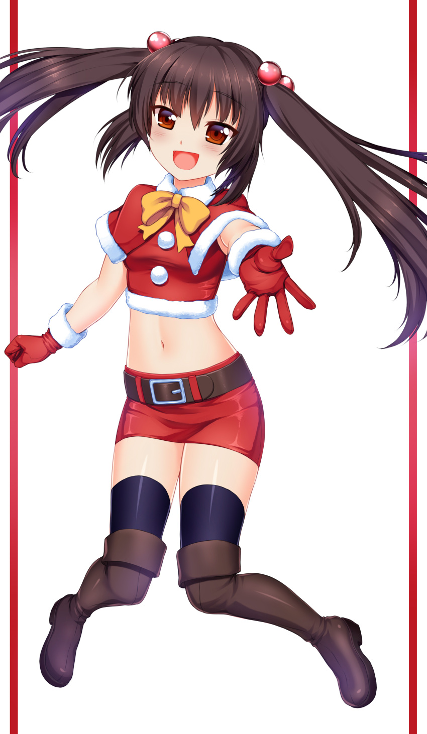 1girl absurdres belt black_legwear boots brown_hair christmas gloves highres open_mouth orange_eyes ribbon santa_costume skirt solo thigh-highs thigh_boots twintails zeshgolden