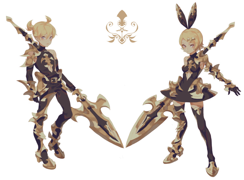 1boy 1girl ahoge armor armored_boots armored_dress blonde_hair blue_eyes boots bow breasts detached_sleeves dress eyelashes full_body hair_ornament hairclip kagamine_len kagamine_rin looking_at_viewer polearm short_hair siblings simple_background spear symbol thigh-highs vocaloid weapon white_background
