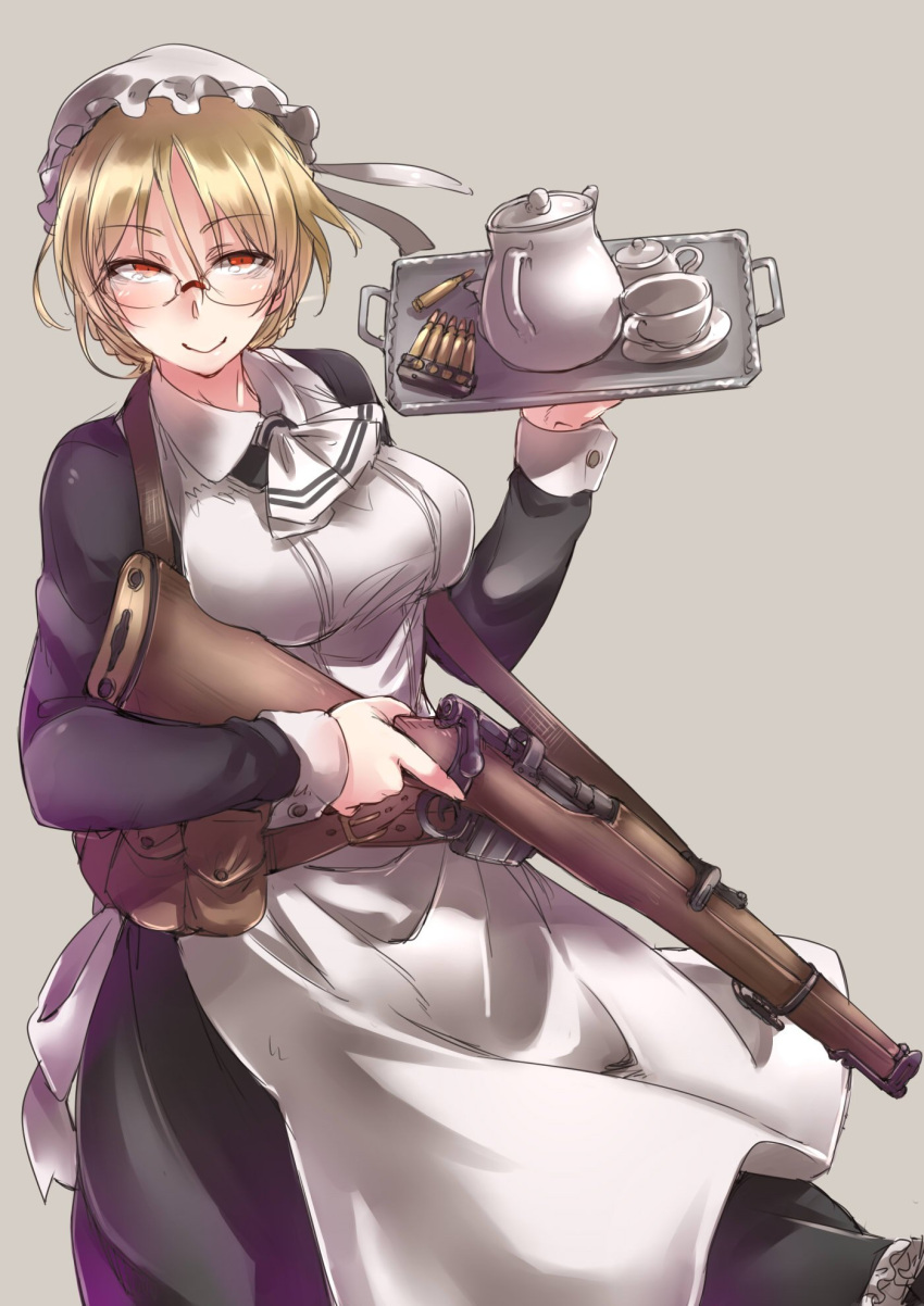 ammunition apron ayyh blonde_hair bullet cartridge cup dress frills glasses gun hair_ornament highres holding holding_weapon looking_at_viewer maid maid_apron maid_headdress plate red_eyes ribbon rifle saucer shell_casing skirt smile solo tagme tea weapon