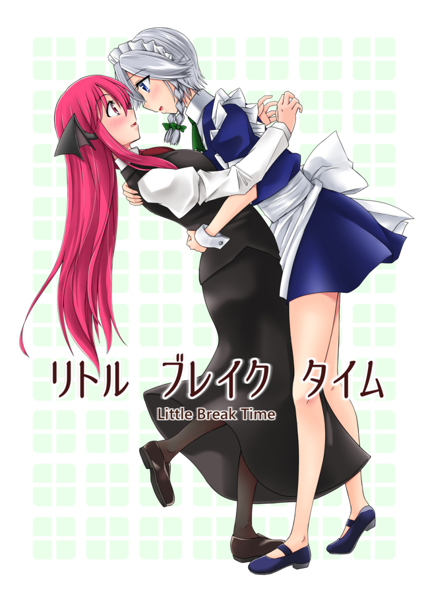 2girls 3692materia :d apron black_legwear black_skirt black_vest blue_dress blue_eyes blue_shoes blush bow braid breasts brown_shoes collared_shirt cover cover_page doujin_cover dress embarrassed english eye_contact face-to-face female from_side full_body hair_bow highres hug izayoi_sakuya kanji koakuma leaning_back leaning_forward leaning_on_person long_hair long_sleeves looking_at_another maid maid_apron maid_headdress medium_breasts multiple_girls necktie nervous_smile no_wings open_hands open_mouth patterned_background pumps red_eyes red_necktie redhead ribbon shiny shiny_hair shirt shoes short_dress short_hair short_sleeves shy silver_hair skirt skirt_set smile standing surprised thighs touhou twin_braids very_long_hair vest white_background yuri