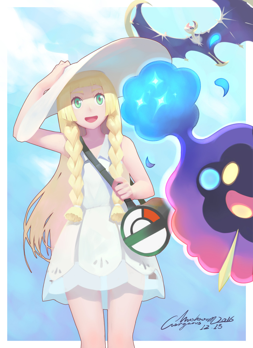 1girl 2016 :d absurdres bag bangs bare_arms blonde_hair blunt_bangs braid collared_dress cosmog dated dress duffel_bag gorgeous_mushroom green_eyes handbag hat highres legendary_pokemon lillie_(pokemon) long_hair lunaala open_mouth poke_ball_theme pokemon pokemon_(creature) pokemon_(game) pokemon_sm signature sleeveless sleeveless_dress smile sun_hat sundress twin_braids white_dress white_hat