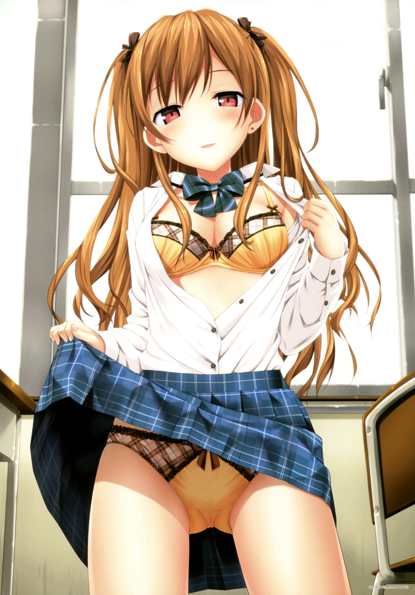 1girl absurdres blush bow bow_bra bow_panties bowtie bra breasts brown_hair chair cleavage desk dress_shirt ear_piercing hair_bow hair_ribbon highres lifted_by_self medium_breasts melonbooks open_clothes open_mouth open_shirt opened_by_self panties partially_unbuttoned piercing plaid plaid_skirt plaid_trim red_eyes ribbon school_chair school_desk school_uniform shirt skirt skirt_lift smile solo standing takayaki two_side_up underwear window yellow_bra yellow_panties