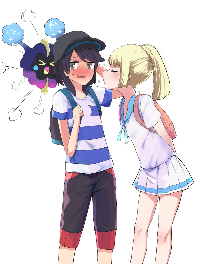 1boy 1girl ababarion absurdres backpack bag baseball_cap black_hair blonde_hair blush capri_pants closed_eyes cosmog hat highres lillie_(pokemon) long_hair male_protagonist_(pokemon_sm) open_mouth pants pokemon pokemon_(creature) pokemon_(game) pokemon_sm ponytail shirt short_hair simple_background skirt striped striped_shirt white_background white_skirt