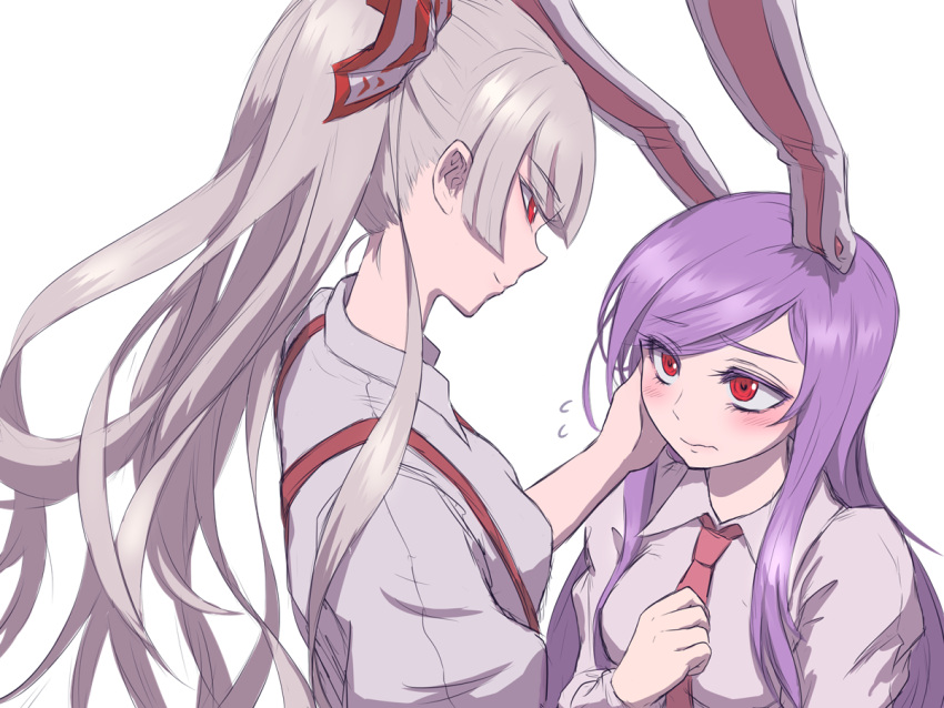 2girls alternate_hairstyle animal_ears bamboo bamboo_forest bangs blunt_bangs blush bow breasts collared_shirt eye_contact eyebrows_visible_through_hair eyes_visible_through_hair flying_sweatdrops forest fujiwara_no_mokou hair_bow half-closed_eyes hand_on_another's_face hand_up houraisan_kaguya junko_(touhou) long_hair long_ponytail looking_at_another miata_(miata8674) multiple_girls nature nervous purple_hair rabbit_ears red_eyes reisen_udongein_inaba shiny shiny_hair shirt silhouette silver_hair small_breasts smile suspenders thumbnail_surprise touhou upper_body very_long_hair wavy_mouth yagokoro_eirin