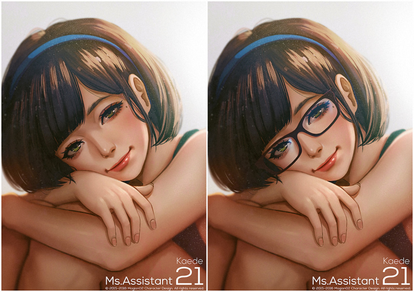 1girl 2015 2016 bangs black-framed_eyewear blue_hairband brown_hair character_name closed_mouth copyright_name crossed_arms eyebrows eyelashes fingernails glasses green_eyes hairband kaede_(ms.assistant) lipstick looking_at_viewer magion02 makeup mole mole_under_eye ms.assistant nose original parted_bangs red_lipstick short_hair upper_body