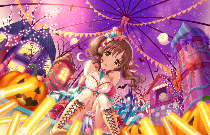 1girl artist_request bare_shoulders blush boots bow breasts brown_eyes brown_hair castle cleavage dress ghost halloween hat idolmaster idolmaster_cinderella_girls idolmaster_cinderella_girls_starlight_stage looking_at_viewer mini_hat moon official_art pumpkin smile solo totoki_airi twintails