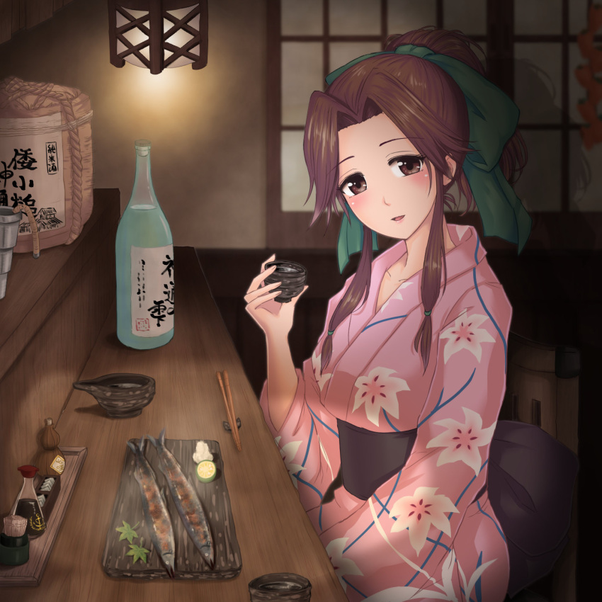 1girl alcohol alternate_costume blush bottle bow brown_eyes brown_hair chair choko_(cup) chopsticks cup fish food hair_bow hair_up hamu_agaki head_tilt highres japanese_clothes jintsuu_(kantai_collection) kantai_collection kimono light_smile long_hair looking_at_viewer ponytail sake sake_bottle sitting solo soy_sauce