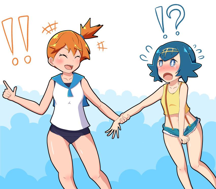!! !? 2girls absurdres blue_hair cosplay costume_switch cutoffs flying_sweatdrops highres kasumi_(pokemon) kasumi_(pokemon)_(cosplay) multiple_girls orange_hair pokemon pokemon_(game) pokemon_sm school_swimsuit suiren_(pokemon) suiren_(pokemon)_(cosplay) suspenders swimsuit swimsuit_under_clothes