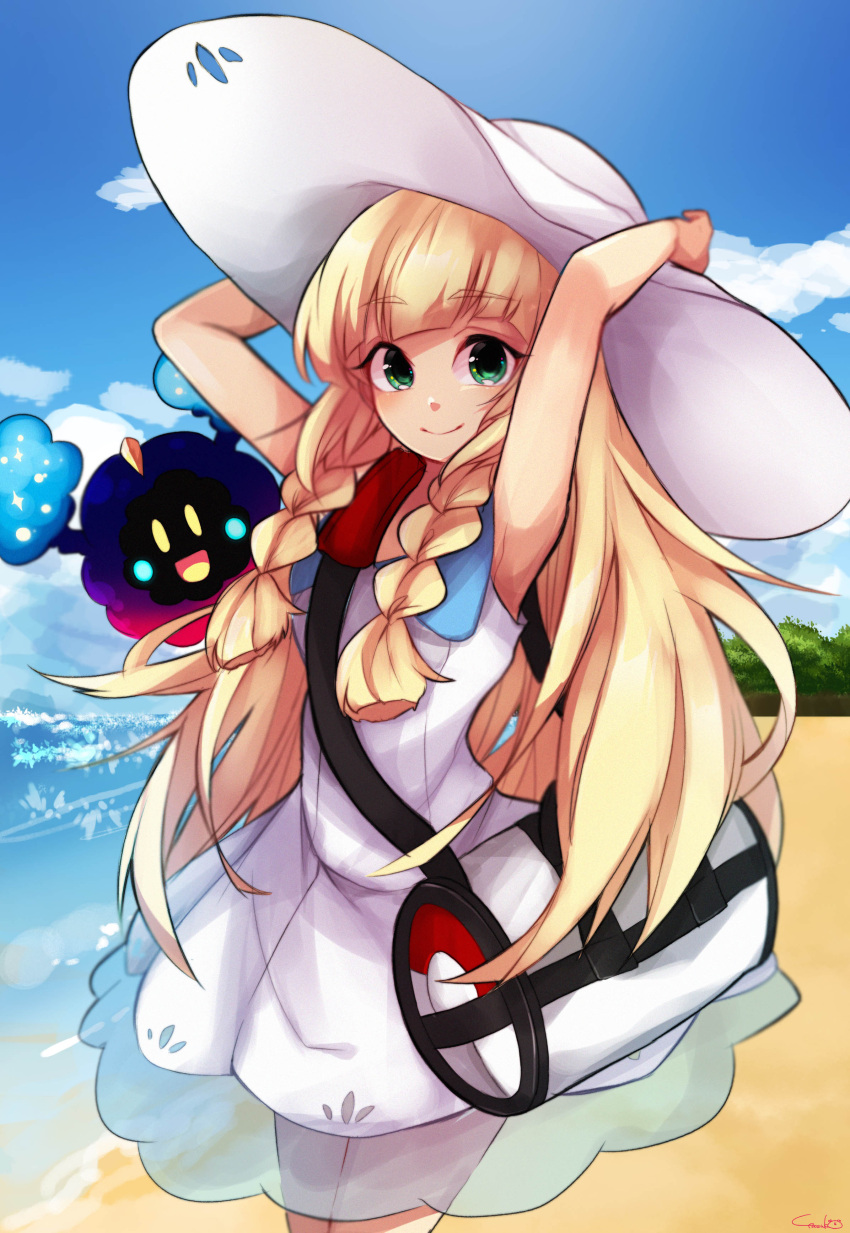 1girl absurdres arms_up bag bangs bare_arms beach blonde_hair blunt_bangs braid closed_mouth clouds collared_dress cosmog dress duffel_bag eyebrows_visible_through_hair green_eyes handbag hat highres legendary_pokemon lillie_(pokemon) long_hair looking_at_viewer ocean poke_ball_theme pokemon pokemon_(creature) pokemon_(game) pokemon_sm see-through sleeveless sleeveless_dress smile solo sun_hat sundress twin_braids water white_dress white_hat yasuko_(motimotifukurou)