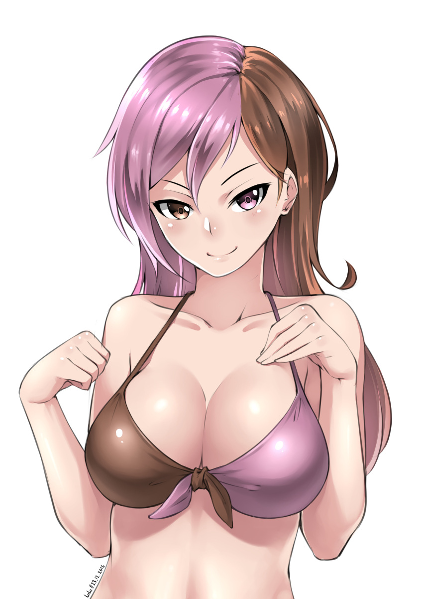 2016 absurdres artist_name bangs bare_arms bare_shoulders bikini blush breasts brown_hair cleavage closed_mouth collarbone dated front-tie_top hair_between_eyes heterochromia highres large_breasts long_hair looking_at_viewer lulu-chan92 multicolored_bikini multicolored_hair neo_(rwby) pink_hair rwby simple_background stomach swimsuit two-tone_hair upper_body white_background