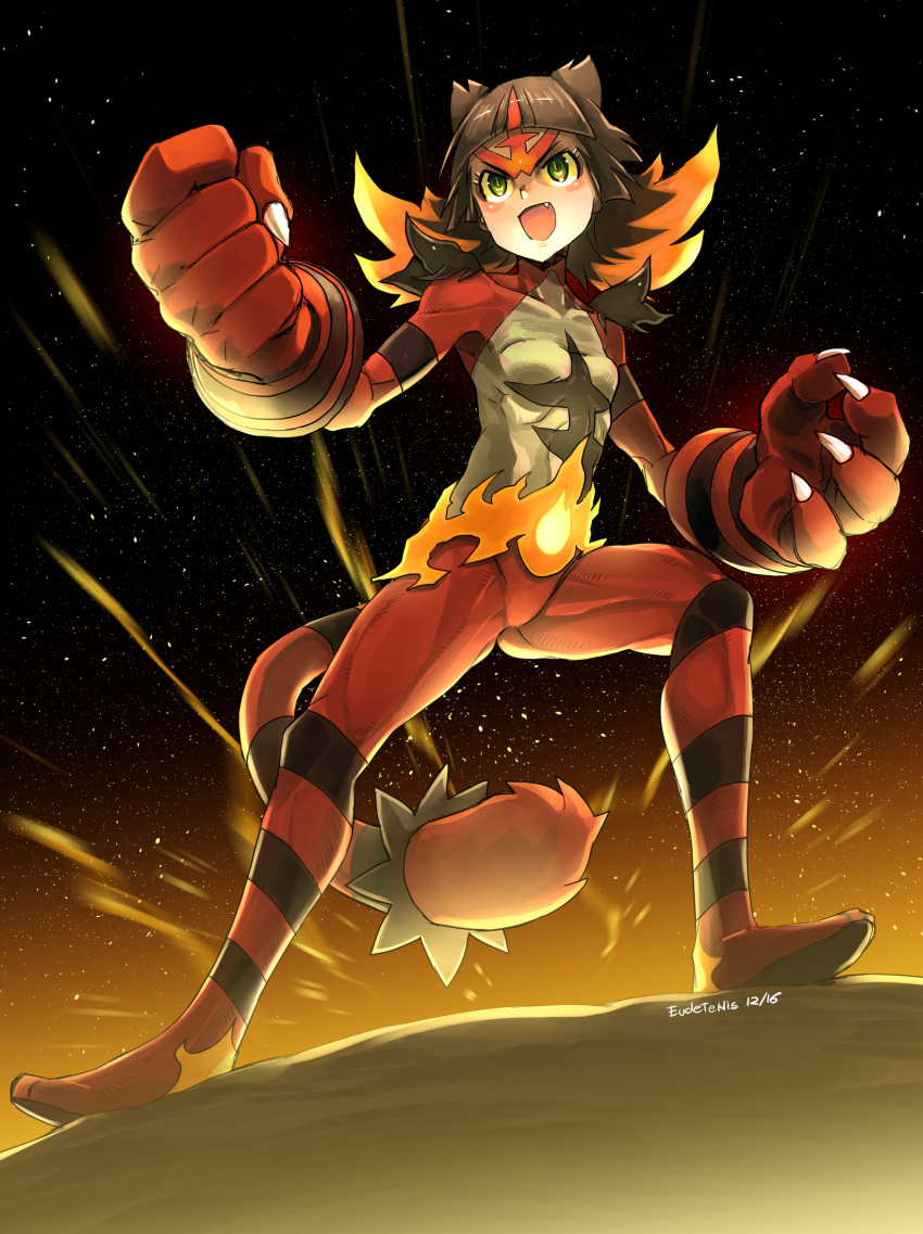 &gt;:d 1girl :d armpits artist_name bangs belt blonde_hair blunt_bangs blush_stickers breasts brown_hair cat claws clenched_hand collarbone dated eudetenis facial_mark fang fighting_stance full_body giant glowing glowing_hands green_eyes groin hands_up highres incineroar legs_apart looking_away looking_up multicolored_hair night night_sky open_mouth paws personification pokemon pokemon_(game) pokemon_sm redhead ribs rock signature sky slit_pupils small_breasts smile solo standing star_(sky) starry_sky tail tiger_girl tiger_tail two-tone_hair yellow_sclera