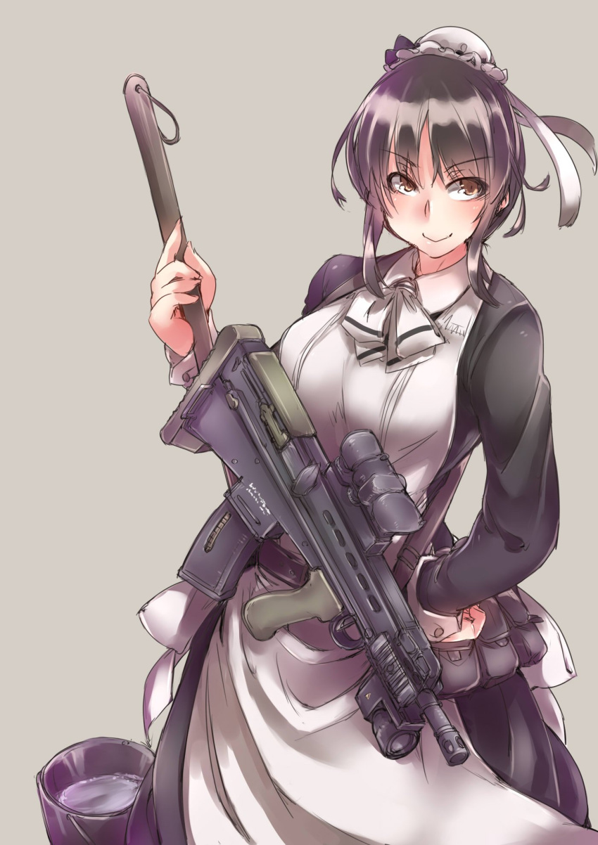 apron ayyh black_hair bucket dress frills gun hair_ornament highres holding holding_weapon looking_at_viewer maid maid_apron maid_headdress ribbon skirt smile solo tagme weapon