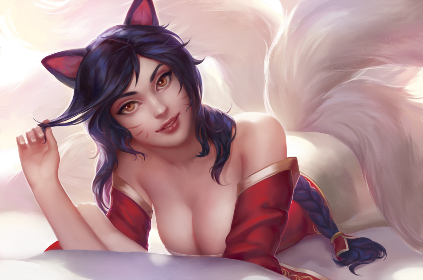 1girl ahri animal_ears braid breasts cleavage detached_sleeves fox_ears fox_tail hair_twirling head_tilt highres j-witless large_breasts league_of_legends long_hair looking_at_viewer lying multiple_tails on_stomach purple_hair realistic single_braid slit_pupils solo tail whisker_markings yellow_eyes
