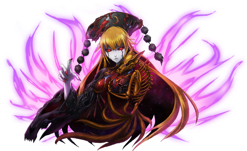 &gt;:( 1girl bangs chinese_clothes closed_mouth crescent energy fox fox_tail hat junko_(touhou) long_hair long_sleeves looking_at_viewer mazeran monster_girl nail_polish orange_hair pale_skin parody persona red_eyes red_nails skeleton solo tail touhou upper_body wide_sleeves