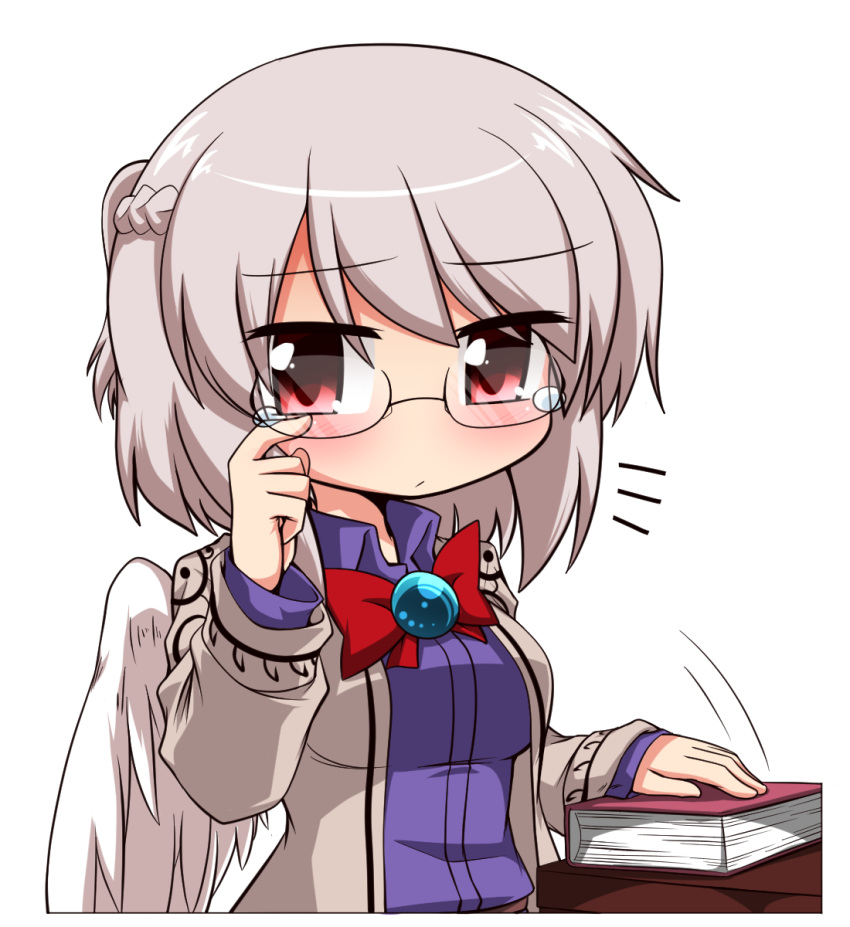 1girl belt blush book bow bowtie braid dress french_braid glasses highres jacket katsumi5o kishin_sagume long_sleeves open_clothes open_jacket purple_dress red_eyes short_ponytail silver_hair single_wing touhou wings