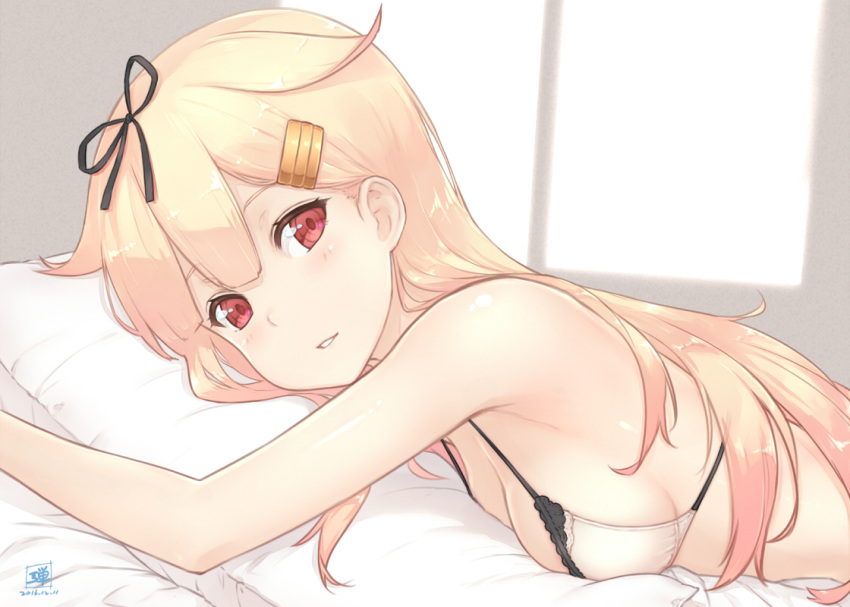 1girl adam700403 bare_shoulders bed bed_sheet black_ribbon blonde_hair blush bra breast_press breasts gradient_hair hair_flaps hair_ribbon kantai_collection long_hair looking_at_viewer lying medium_breasts midriff multicolored_hair on_stomach parted_lips pillow pillow_hug red_eyes redhead remodel_(kantai_collection) ribbon sideboob signature underwear underwear_only upper_body white_bra yuudachi_(kantai_collection)