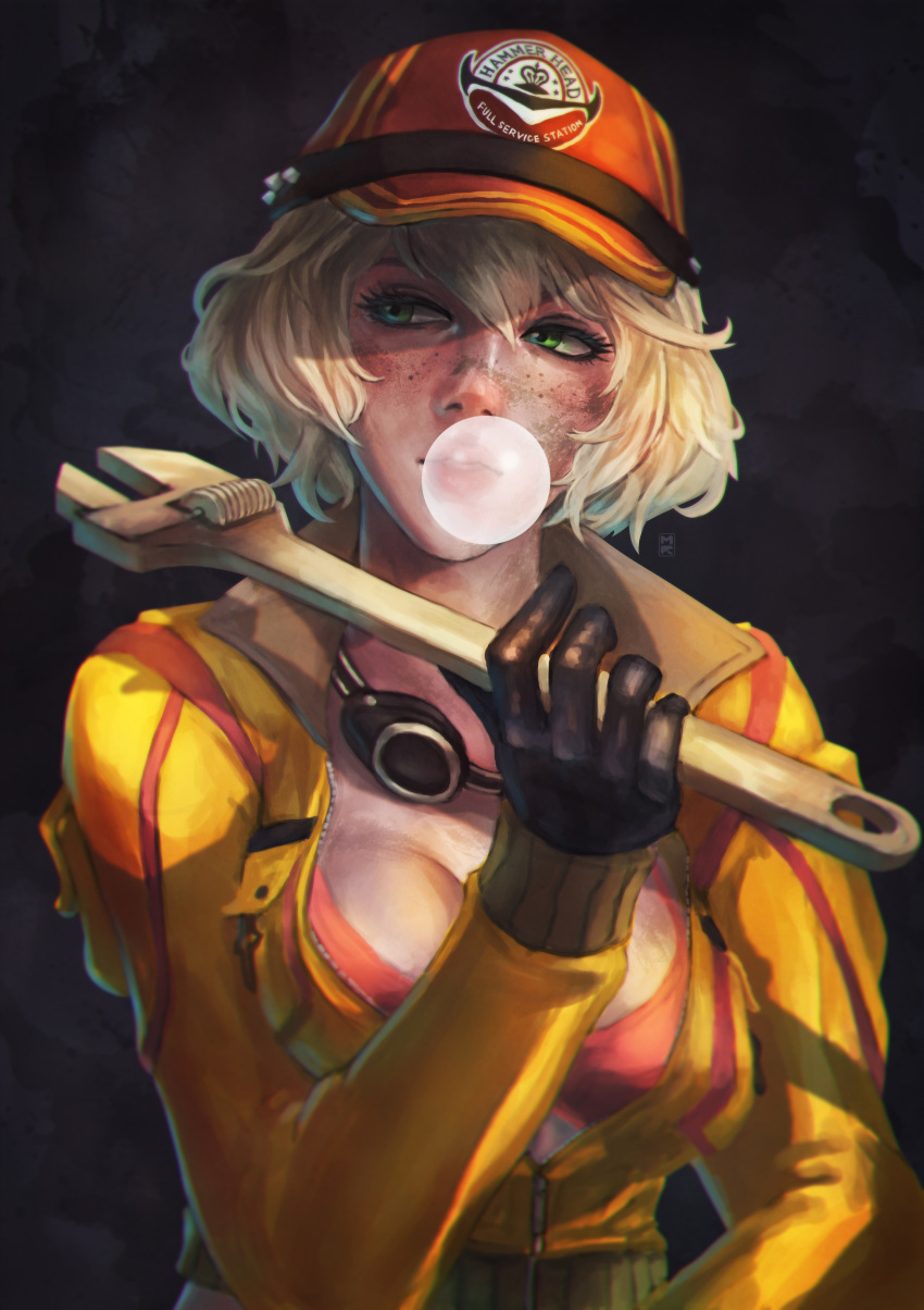 1girl absurdres blonde_hair bra bubble_blowing bubblegum cidney_aurum dirty_face final_fantasy final_fantasy_xv gloves green_eyes hat highres jacket looking_at_viewer monori_rogue solo underwear upper_body wrench