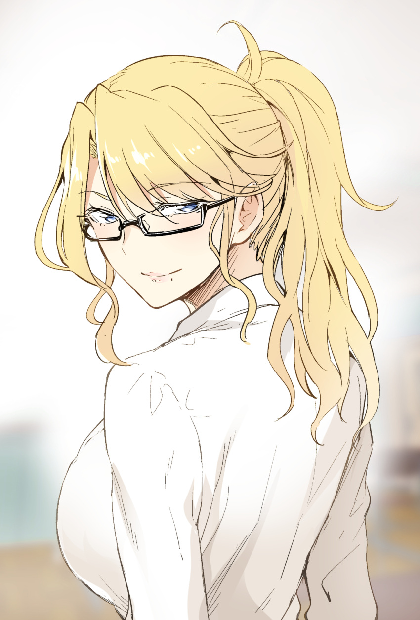 1girl blonde_hair blue_eyes breasts colored commentary commentary_request glasses highres ishima_yuu large_breasts long_hair original ponytail shirt smile teacher