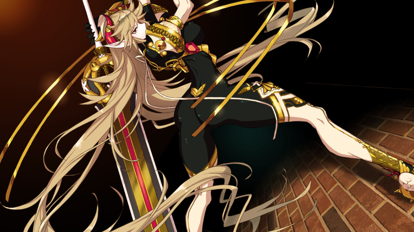1girl ass back bangs breasts brown_hair elf from_behind huge_weapon kome_(vm500) long_hair looking_at_viewer looking_back pointy_ears red_eyes serious skin_tight solo sword thigh-highs weapon