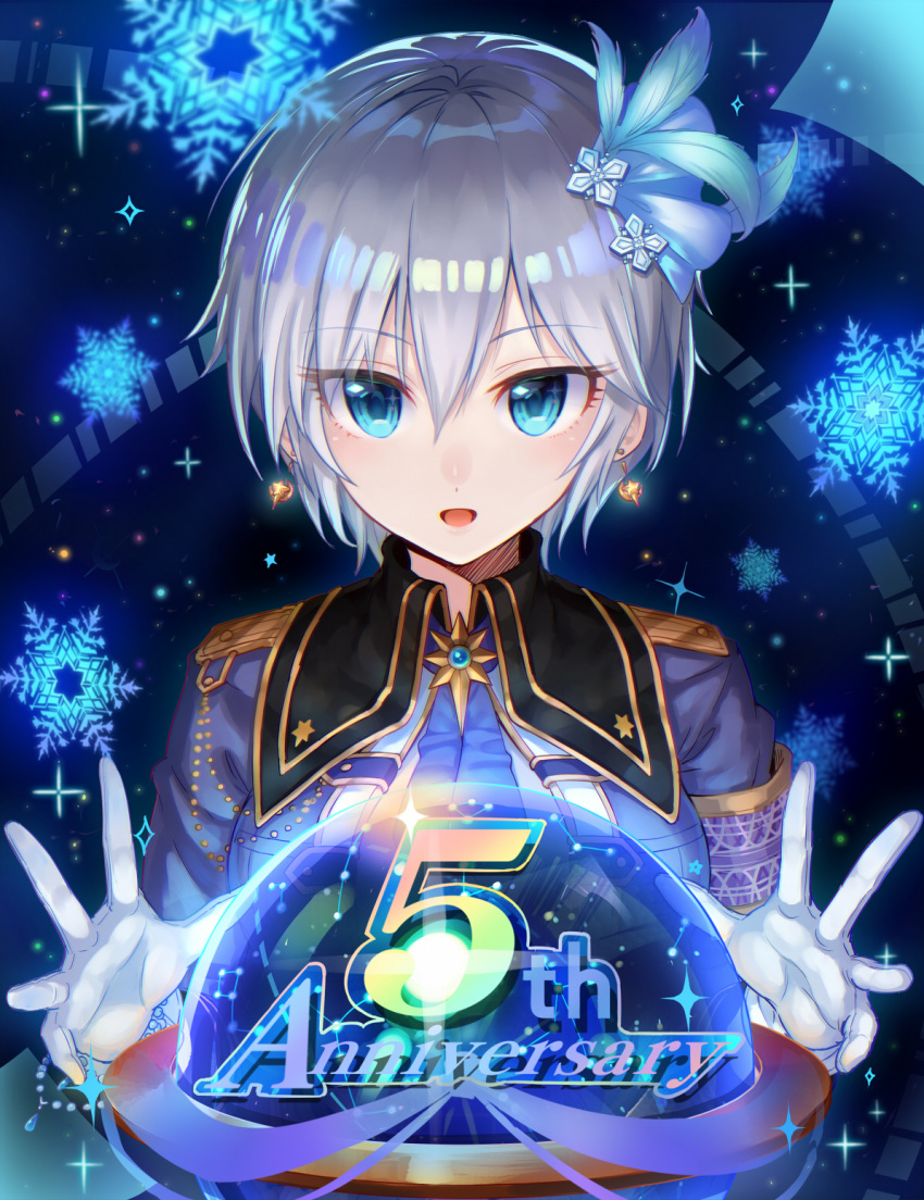 1girl anastasia_(idolmaster) anniversary blue_eyes earrings gloves hair_ornament highres idolmaster idolmaster_cinderella_girls idolmaster_cinderella_girls_starlight_stage jewelry looking_at_viewer shirona002 short_hair silver_hair snowflakes solo white_gloves