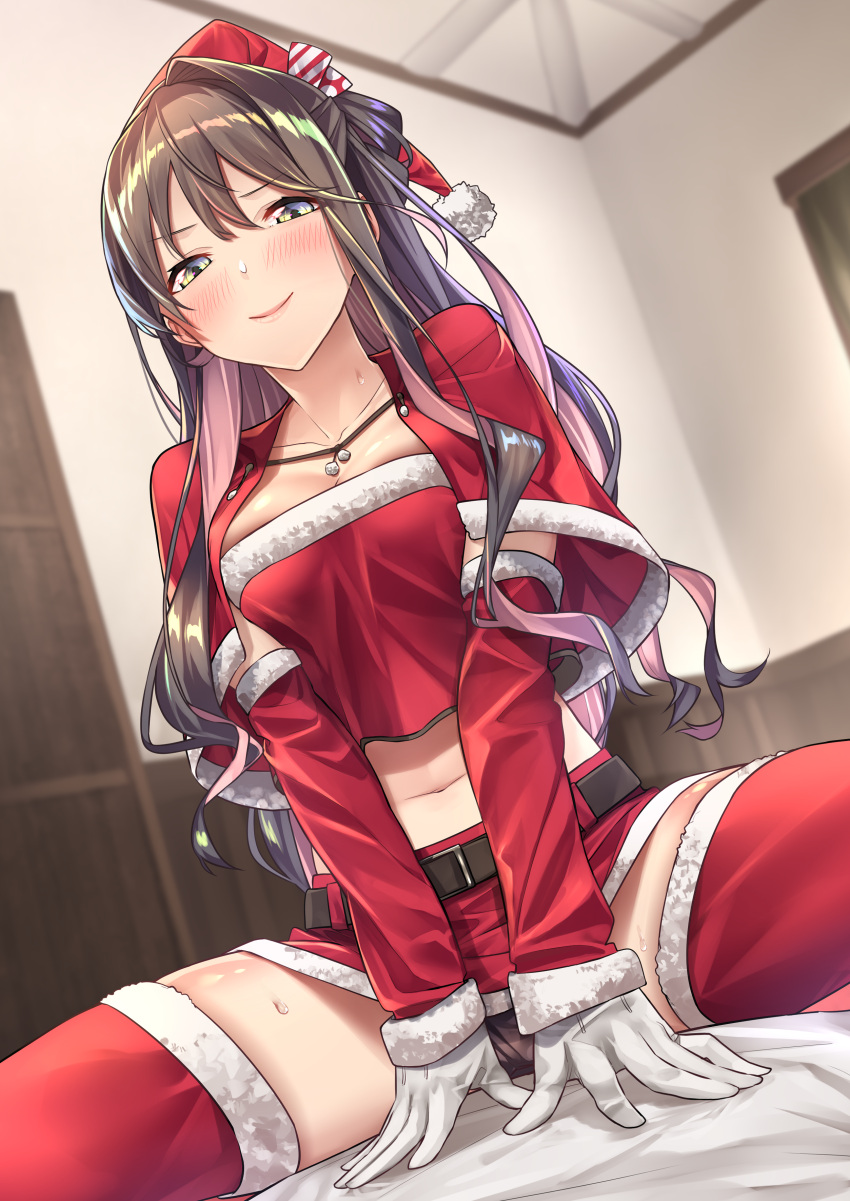 1girl absurdres belt blush brown_hair capelet ceiling commentary_request fur_trim gloves hat highres kantai_collection lipstick long_hair looking_at_viewer makeup midriff naganami_(kantai_collection) navel pom_pom_(clothes) ponytail santa_costume santa_hat sidelocks smile solo straddling sweat thigh-highs white_gloves
