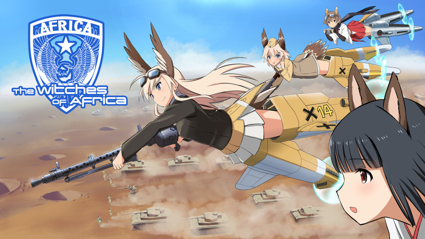 4girls ahoge animal_ears bird_tail black_hair blonde_hair blue_eyes brown_eyes brown_hair camera cat_ears flying fox_ears fox_tail goggles goggles_on_head ground_vehicle gun hanna-justina_marseille hat head_wings highres inagaki_mami japanese_clothes kaneko_(novram58) katou_keiko military military_uniform military_vehicle motor_vehicle multiple_girls open_mouth pleated_skirt raisa_pottgen red_eyes scarf skirt strike_witches striker_unit tail tank uniform weapon weapon_request world_witches_series