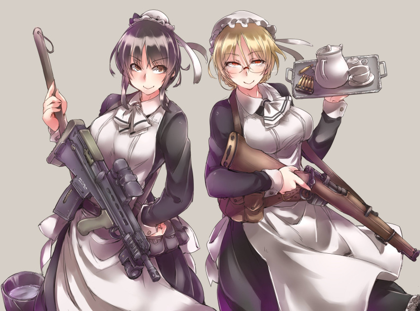 2girls ammunition apron ayyh black_hair blonde_hair bucket bullet cartridge cup dress frills glasses gun hair_ornament highres holding holding_weapon looking_at_viewer maid maid_apron maid_headdress multiple_girls plate red_eyes ribbon rifle saucer shell_casing skirt smile tagme tea tea_set teacup teapot tray water weapon wrist_cuffs